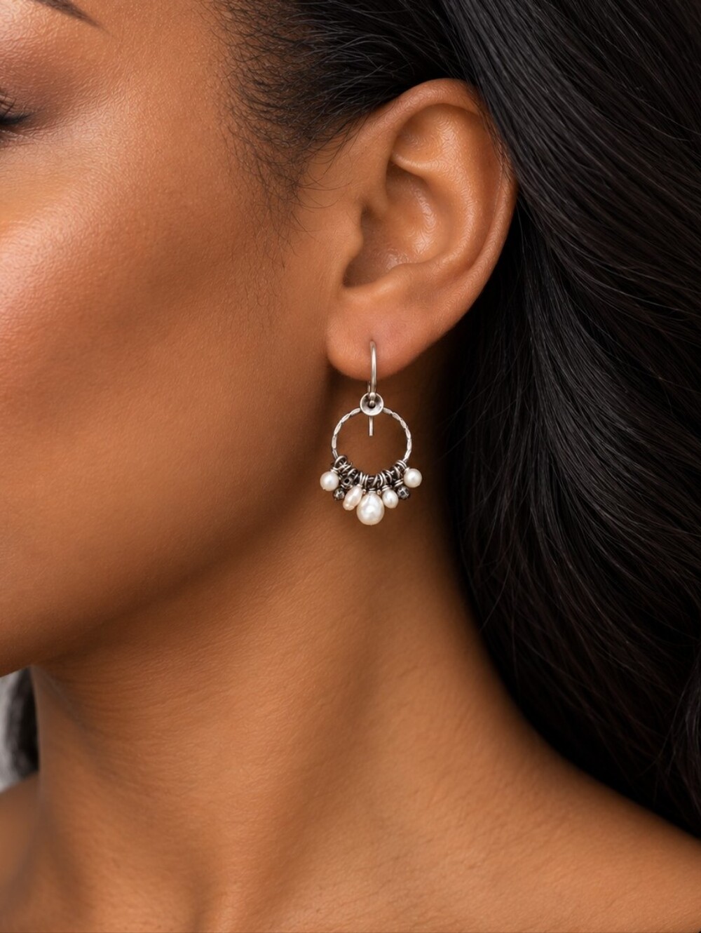 Sterling Silver Hoop Earrings with White Freshwater Pearl Charms